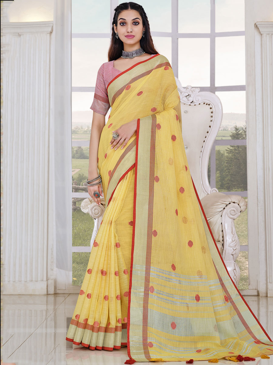 Lemon Yellow Linen Handwoven Festival Saree