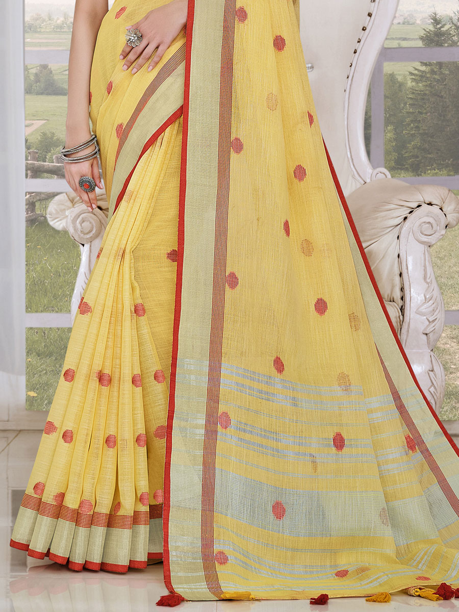 Lemon Yellow Linen Handwoven Festival Saree
