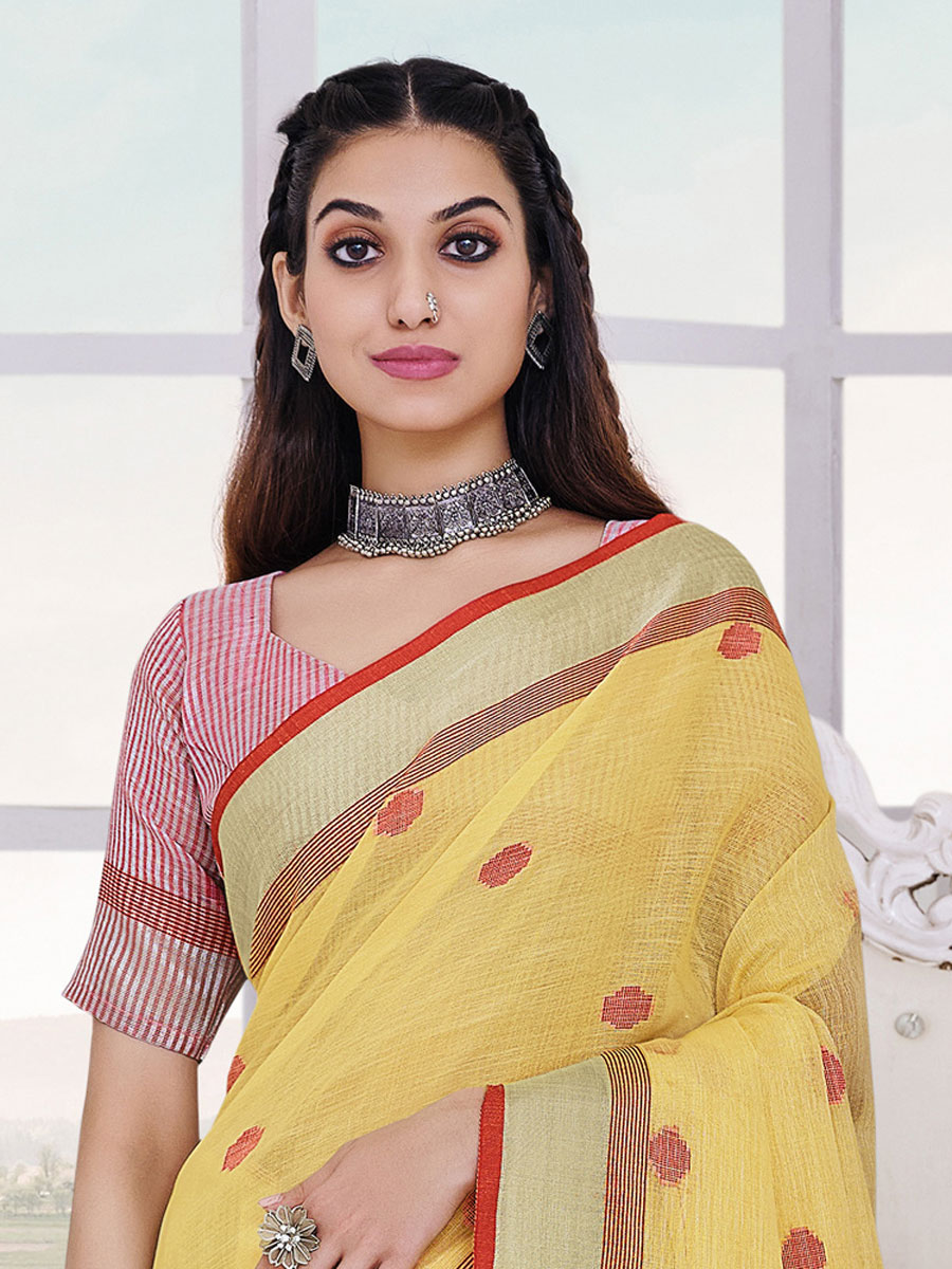 Lemon Yellow Linen Handwoven Festival Saree