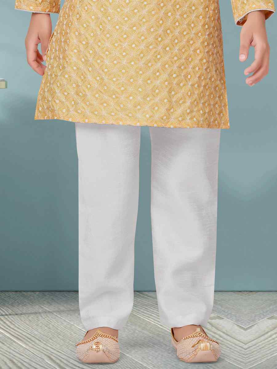 Lemon Yellow Lucknowi Jacquard Floral Party Festival Kurta Pyjama Boys Wear