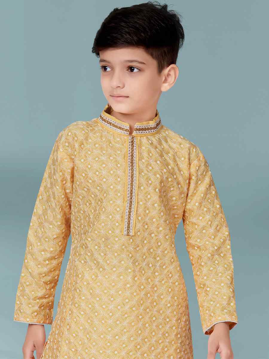 Lemon Yellow Lucknowi Jacquard Floral Party Festival Kurta Pyjama Boys Wear