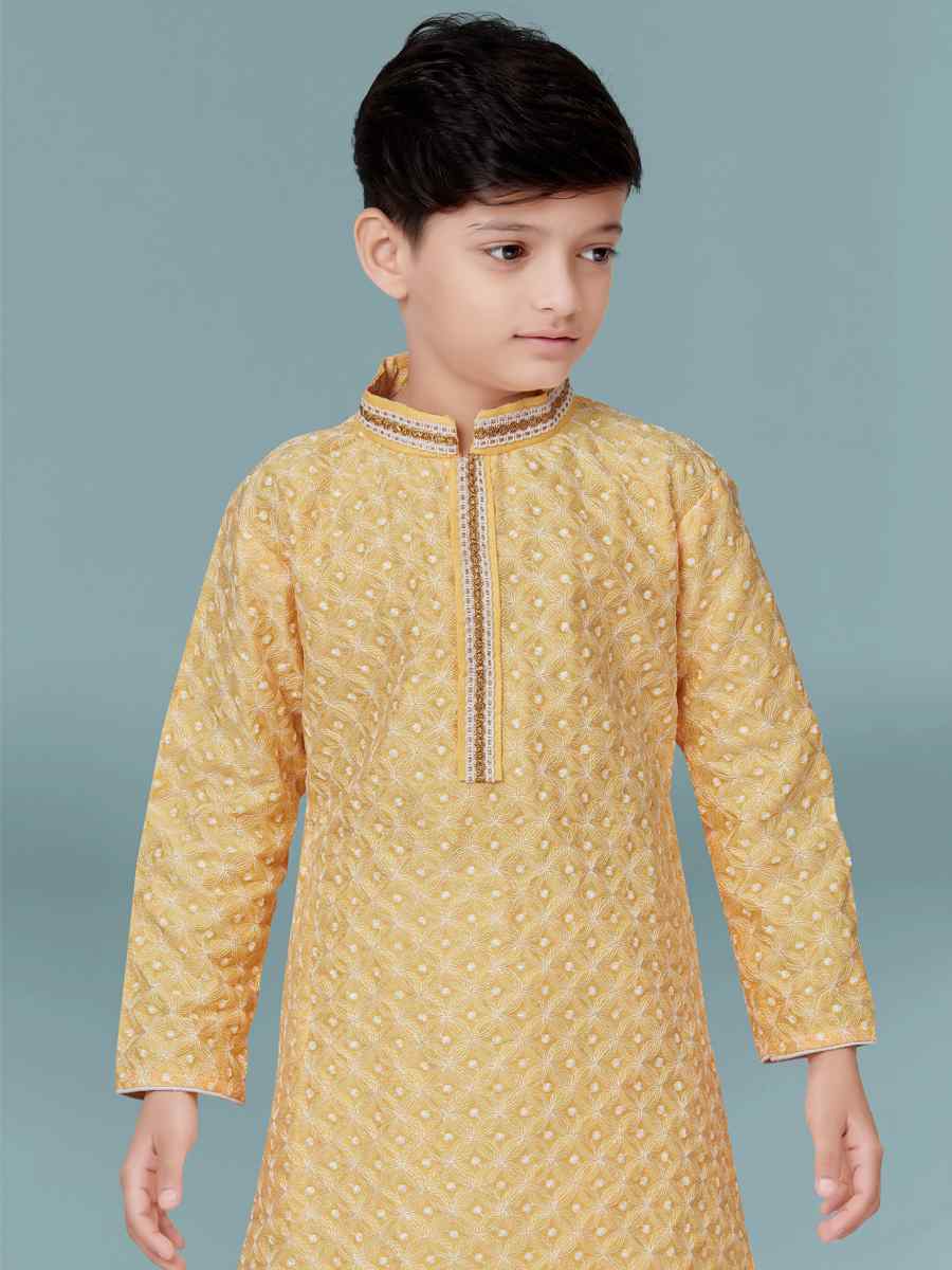 Lemon Yellow Lucknowi Jacquard Floral Party Festival Kurta Pyjama Boys Wear