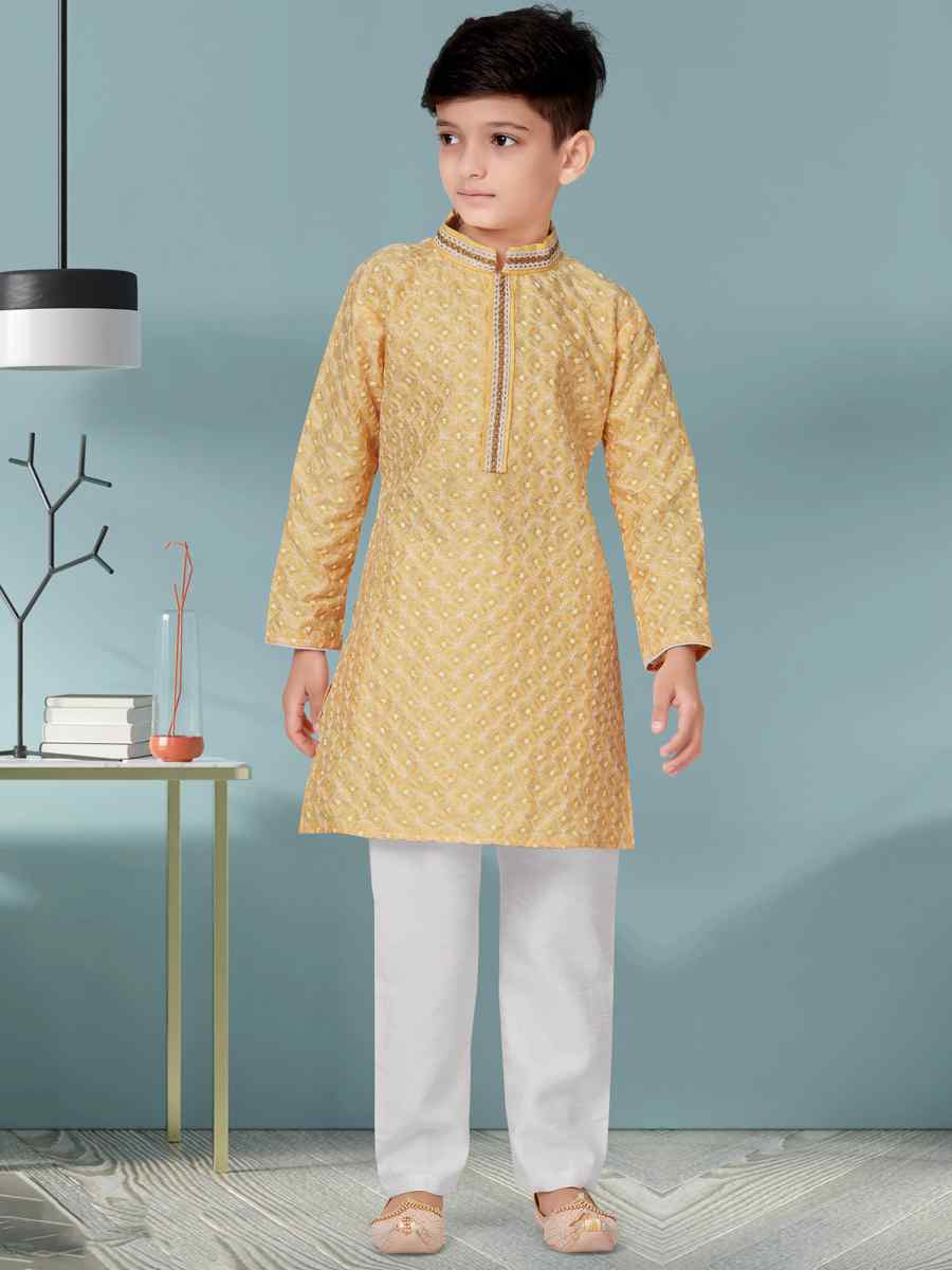 Lemon Yellow Lucknowi Jacquard Floral Party Festival Kurta Pyjama Boys Wear