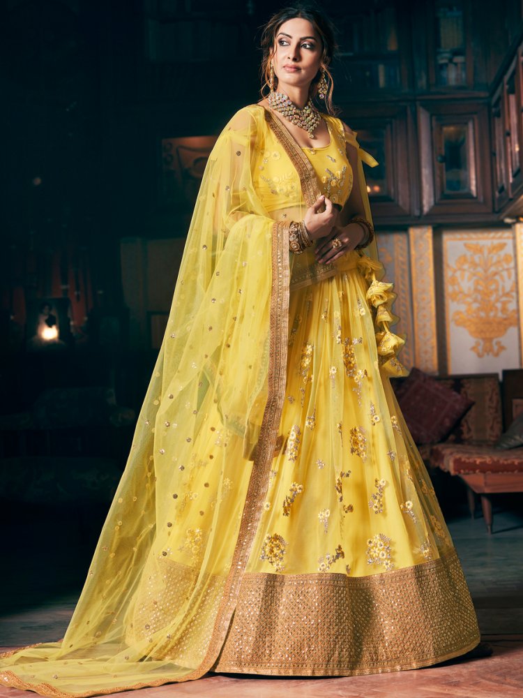 Lemon Yellow Net Embroidered Party Lehenga Choli