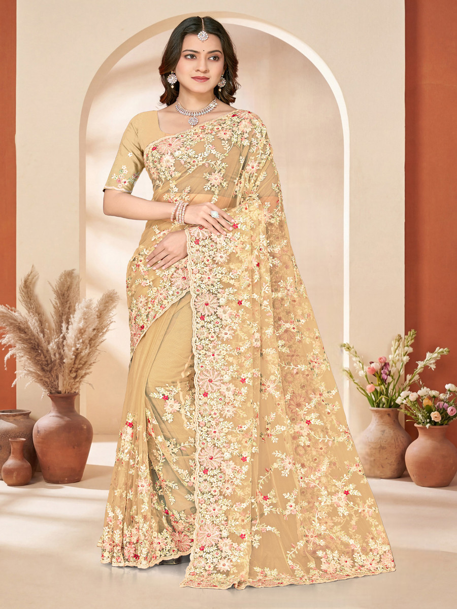 Lemon yellow Net Embroidery Zari Wedding Reception Party Festival Casual Heavy Border Sarees