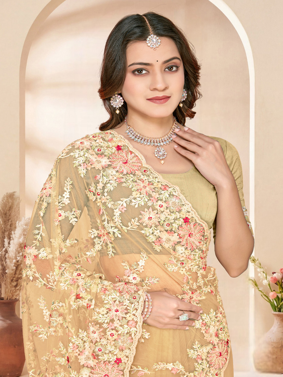 Lemon yellow Net Embroidery Zari Wedding Reception Party Festival Casual Heavy Border Sarees