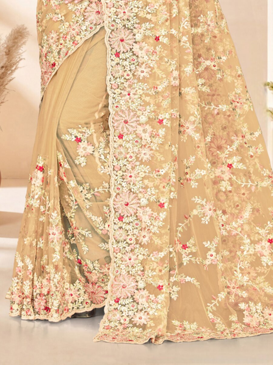 Lemon yellow Net Embroidery Zari Wedding Reception Party Festival Casual Heavy Border Sarees