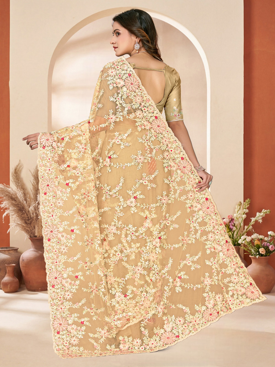 Lemon yellow Net Embroidery Zari Wedding Reception Party Festival Casual Heavy Border Sarees