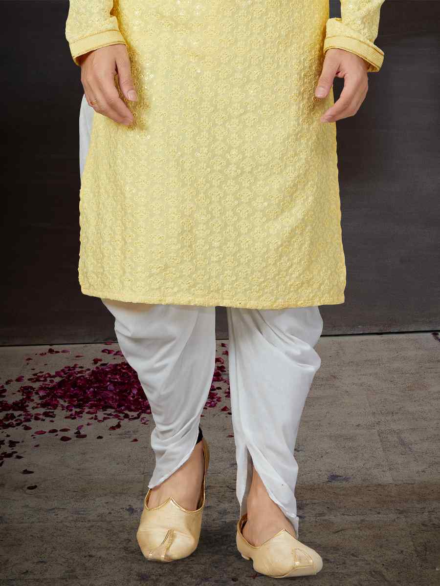 Lemon Yellow Rayon Lucknowi Woven Festival Wedding Kurta