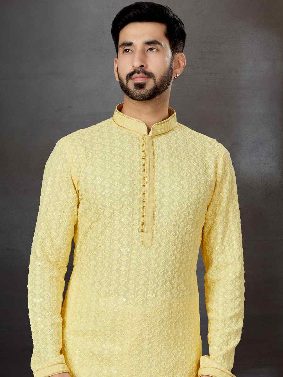 Lemon Yellow Rayon Lucknowi Woven Festival Wedding Kurta
