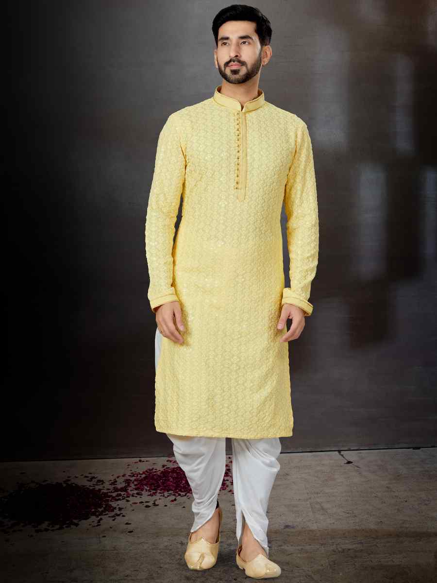 Lemon Yellow Rayon Lucknowi Woven Festival Wedding Kurta
