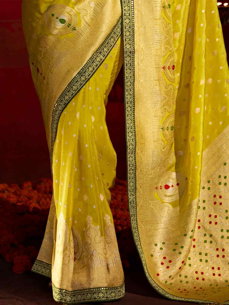 Lemon Yellow Silk Handwoven Wedding Festival Heavy Border Saree