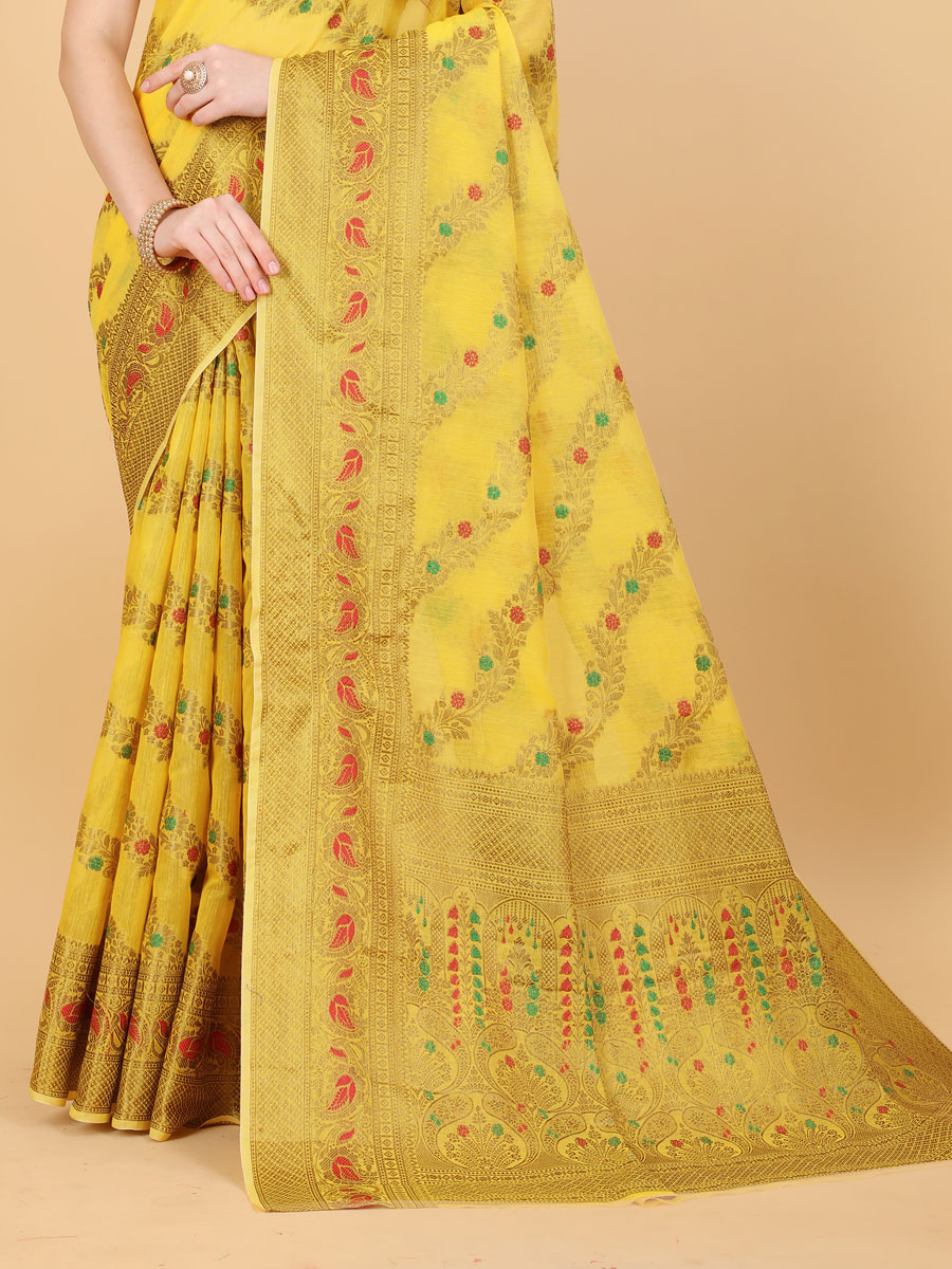 Lemon Yellow Soft Cotton Silk Handwoven Party Saree