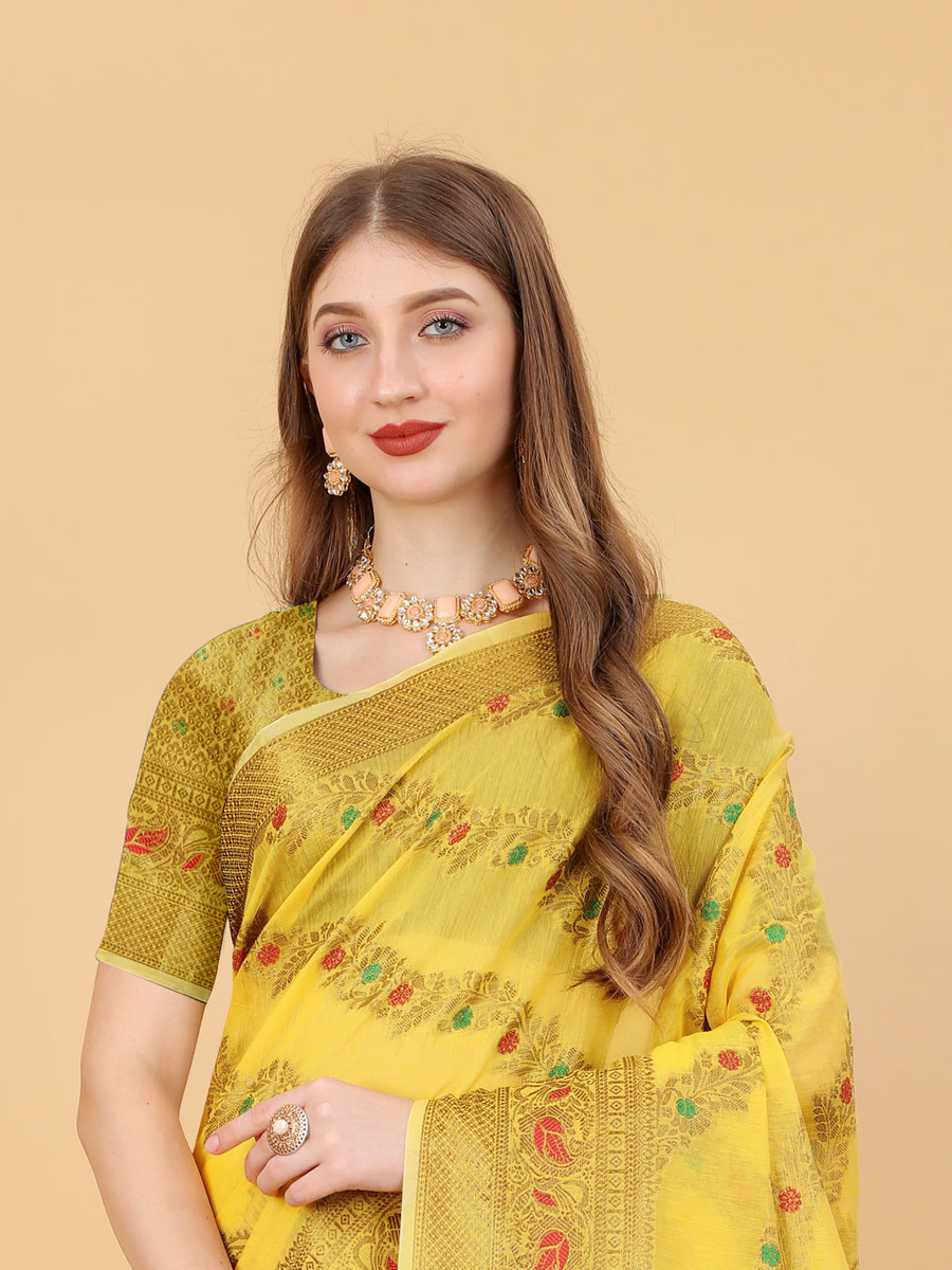 Lemon Yellow Soft Cotton Silk Handwoven Party Saree