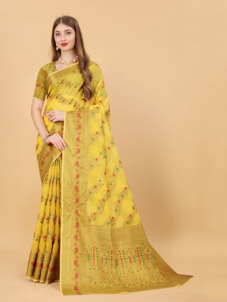 Lemon Yellow Soft Cotton Silk Handwoven Party Saree