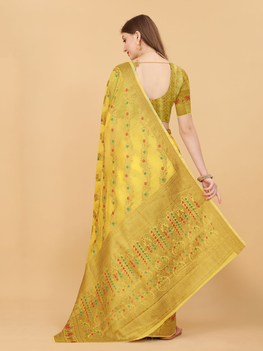 Lemon Yellow Soft Cotton Silk Handwoven Party Saree
