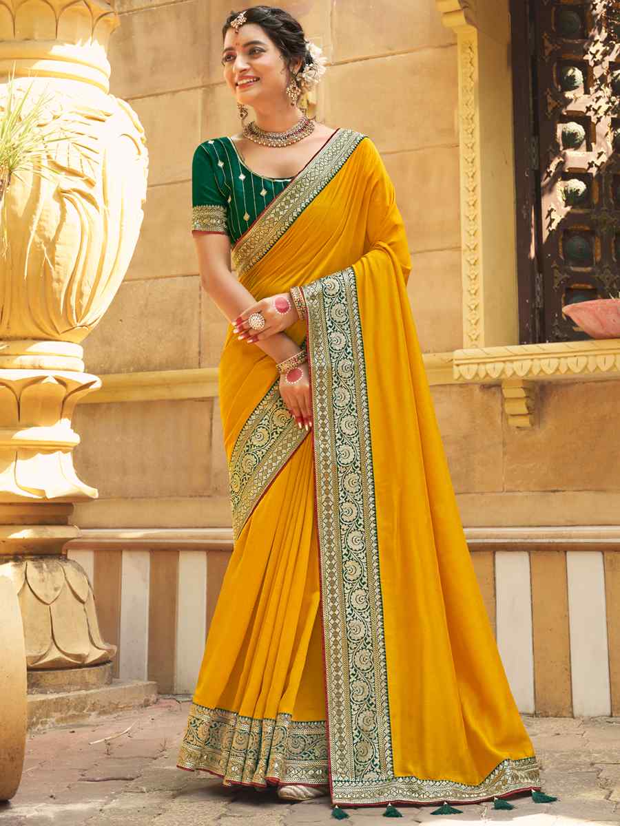 Lemon Yellow Vichitra Silk Embroidered Party Reception Heavy Border Saree