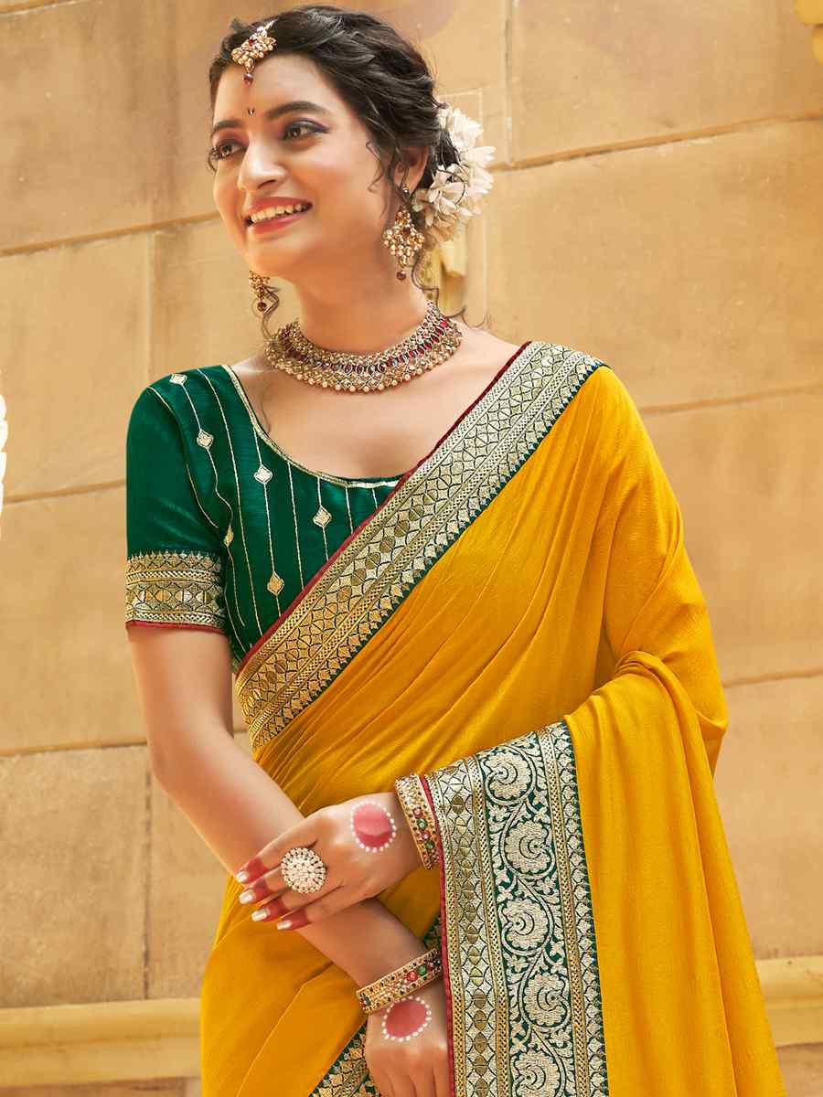 Lemon Yellow Vichitra Silk Embroidered Party Reception Heavy Border Saree