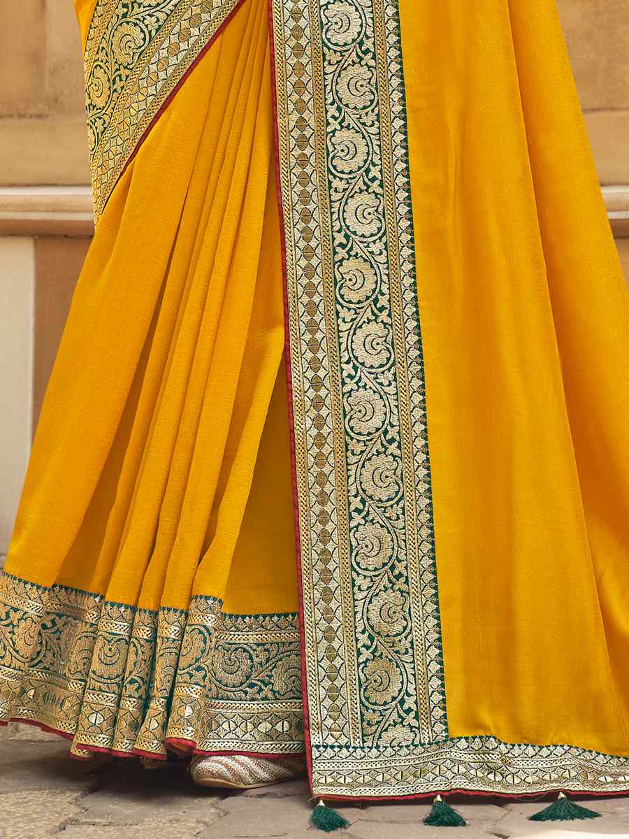 Lemon Yellow Vichitra Silk Embroidered Party Reception Heavy Border Saree