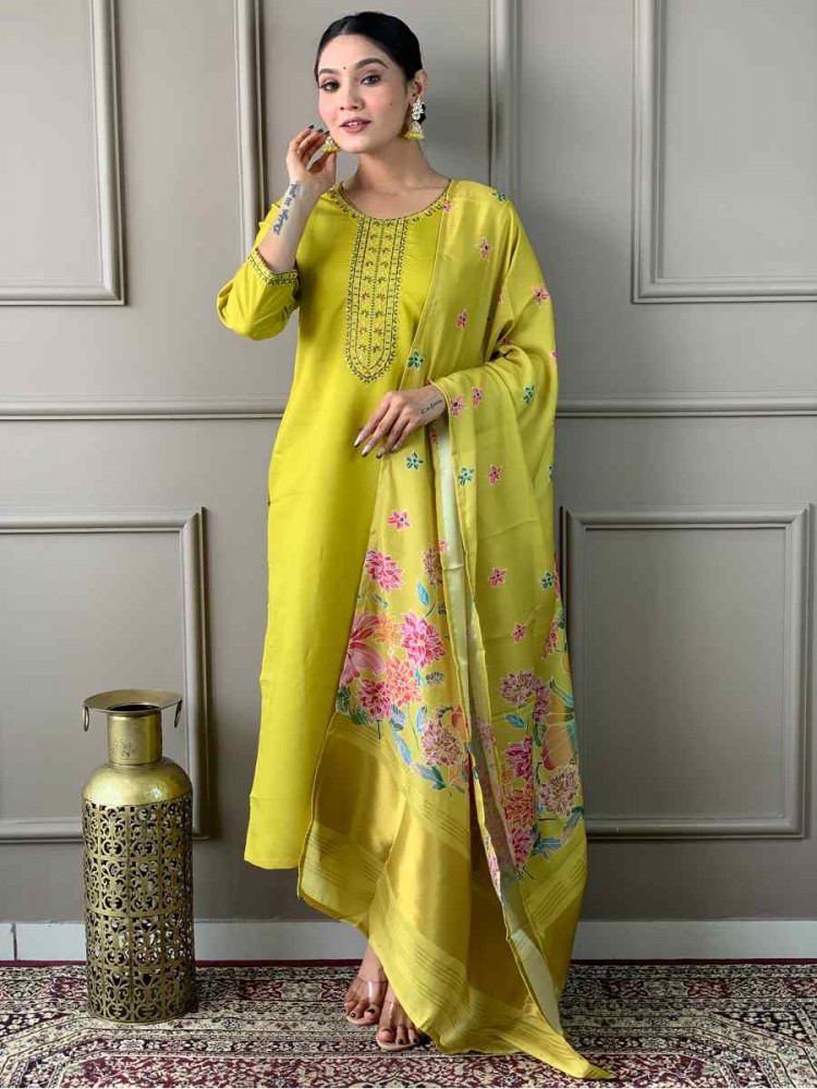 Lemon Yellow Viscose Chanderi Embroidered Festival Casual Ready Pant Salwar Kameez