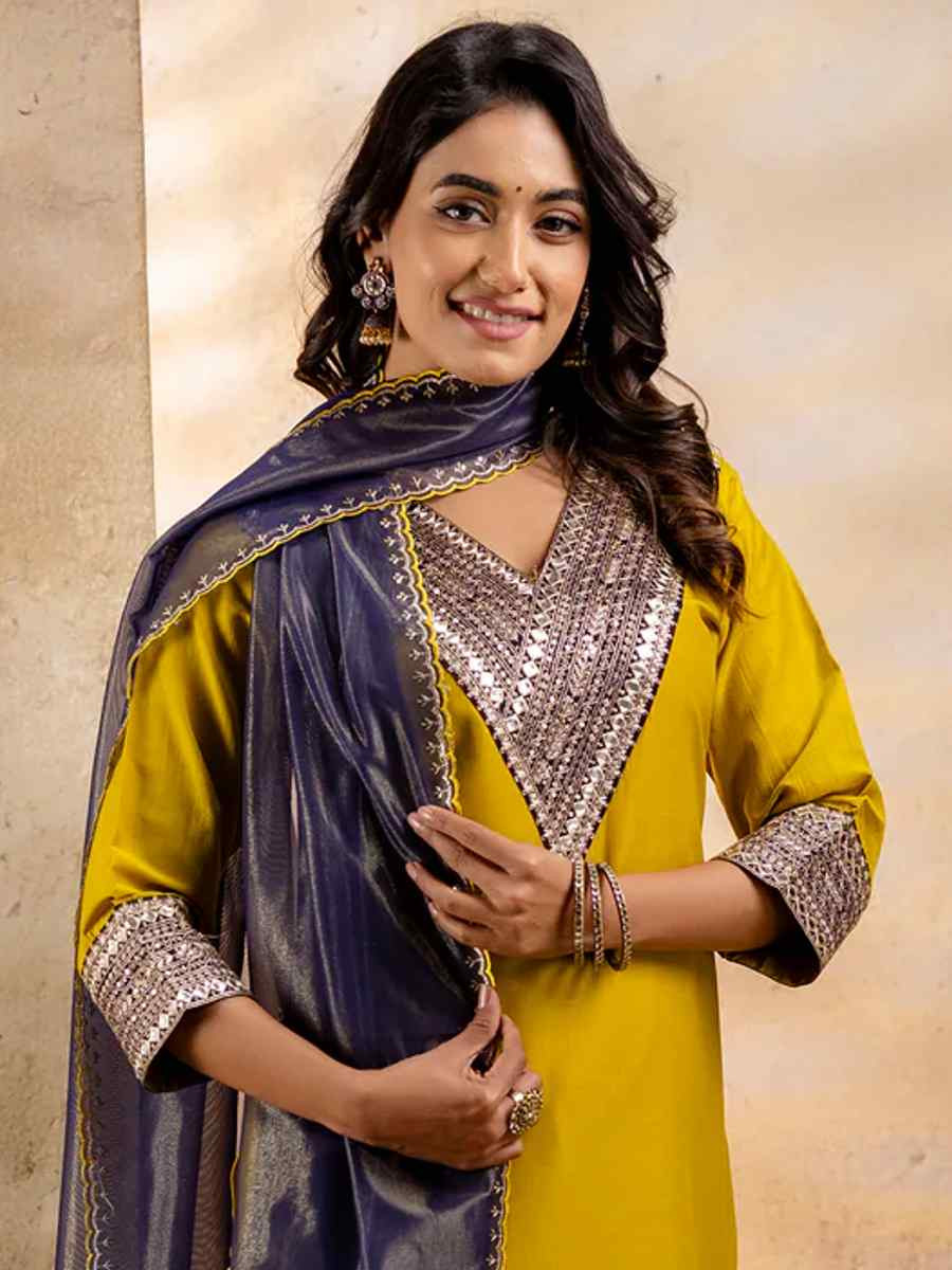 Lemon Yellow Viscose Rayon Embroidered Festival Casual Ready Pant Salwar Kameez