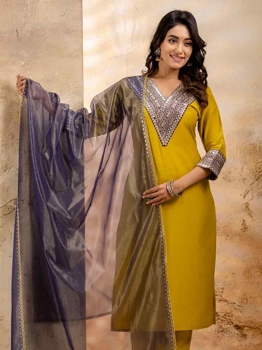 Lemon Yellow Viscose Rayon Embroidered Festival Casual Ready Pant Salwar Kameez
