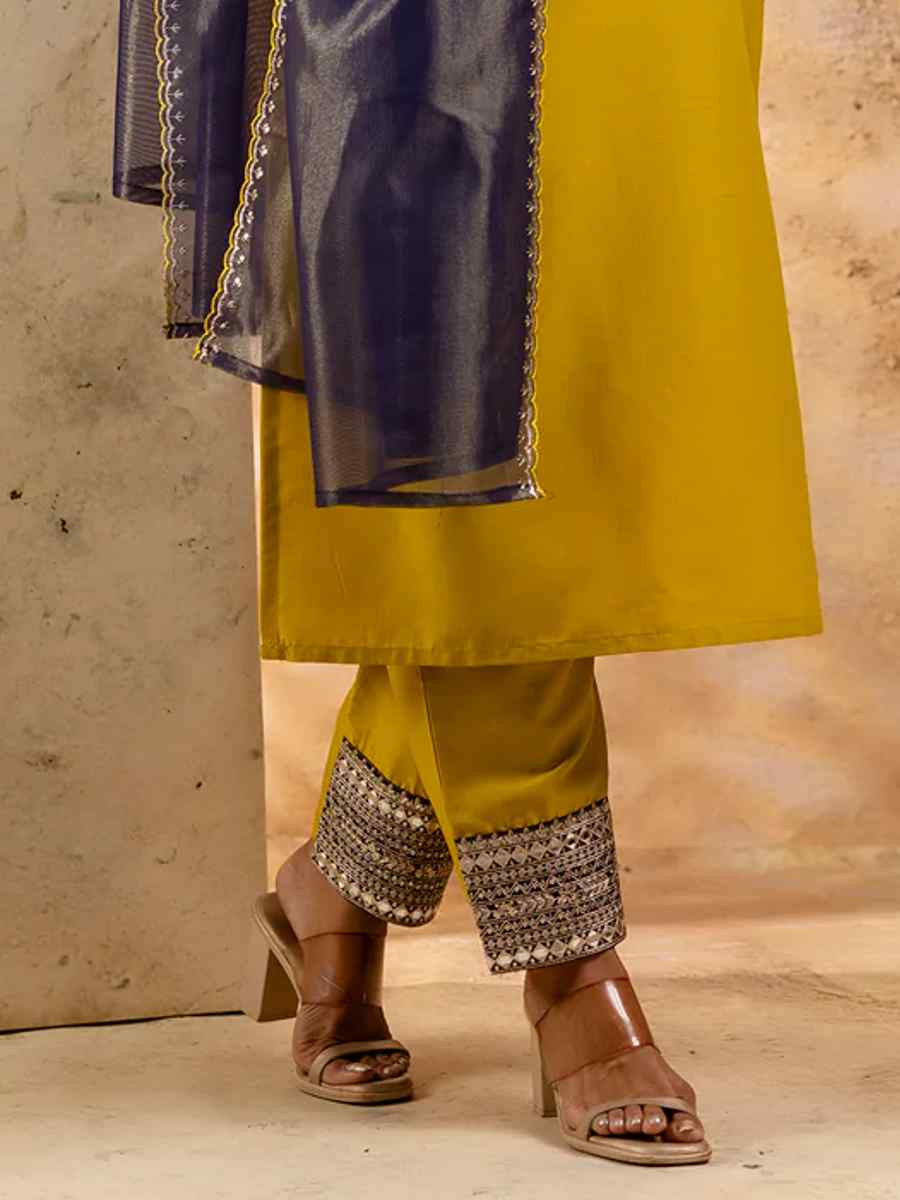 Lemon Yellow Viscose Rayon Embroidered Festival Casual Ready Pant Salwar Kameez