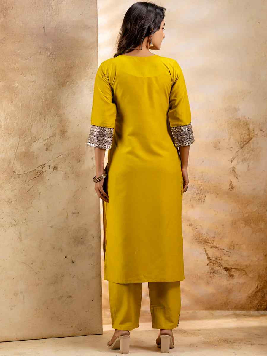 Lemon Yellow Viscose Rayon Embroidered Festival Casual Ready Pant Salwar Kameez
