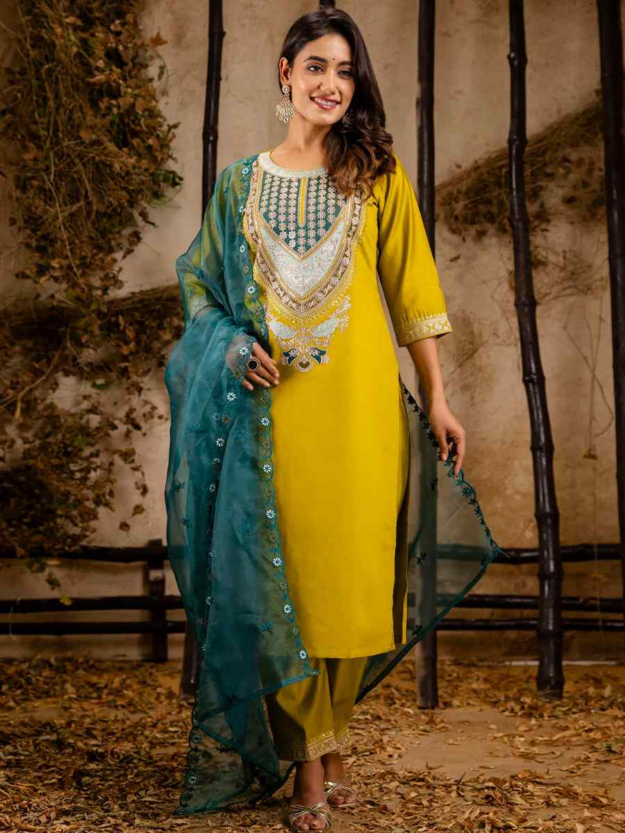 Lemon Yellow Viscose Rayon Embroidered Festival Casual Ready Pant Salwar Kameez