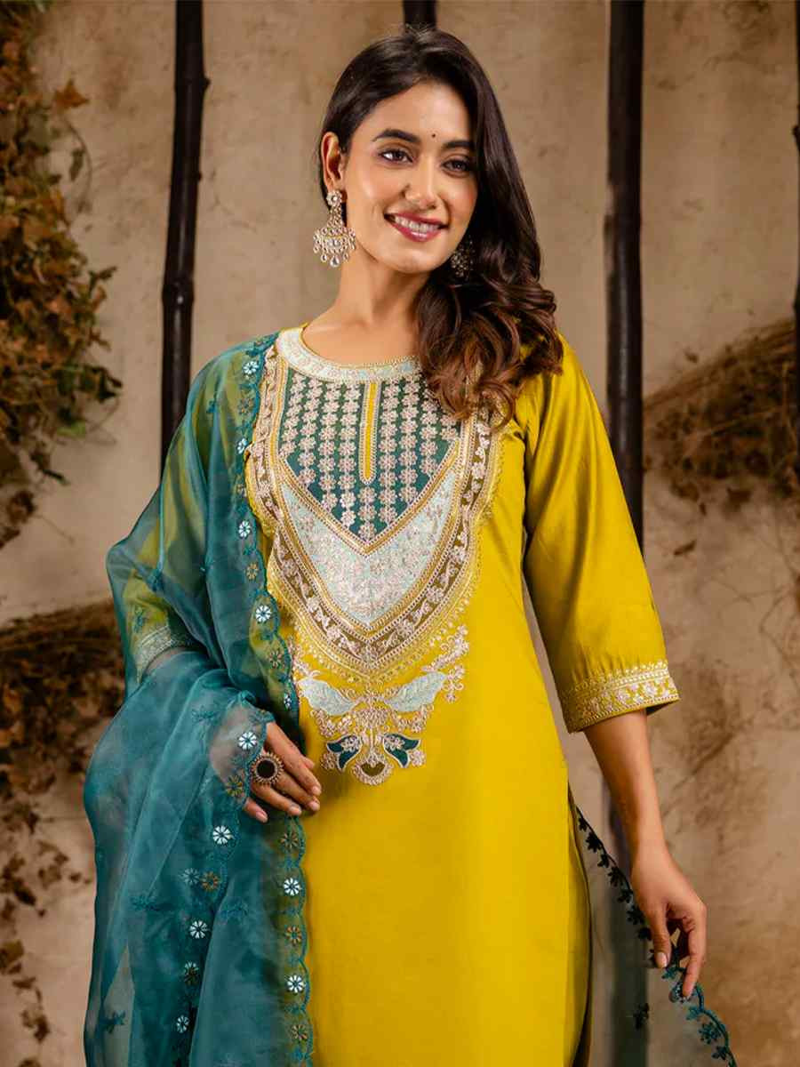 Lemon Yellow Viscose Rayon Embroidered Festival Casual Ready Pant Salwar Kameez