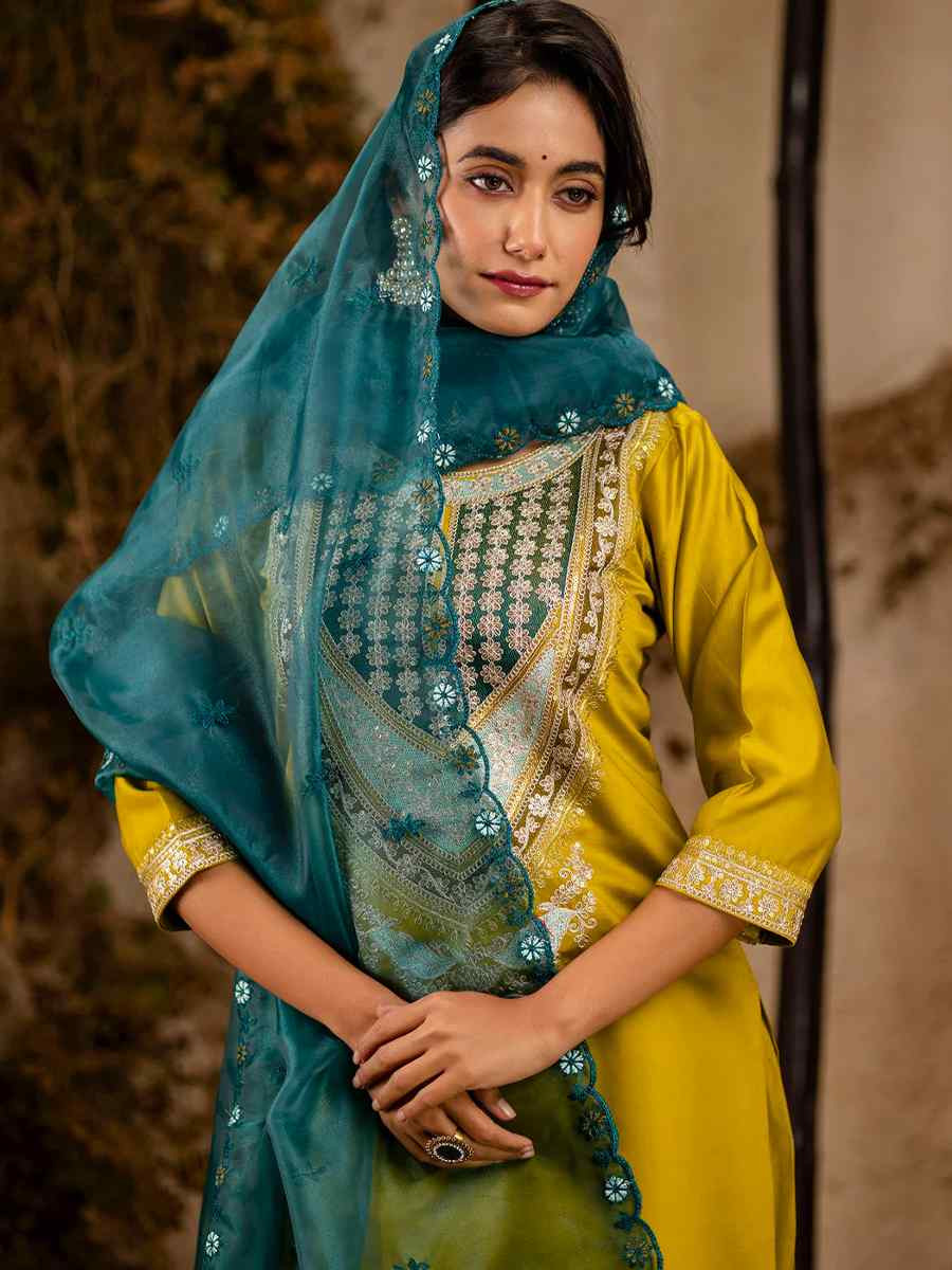 Lemon Yellow Viscose Rayon Embroidered Festival Casual Ready Pant Salwar Kameez