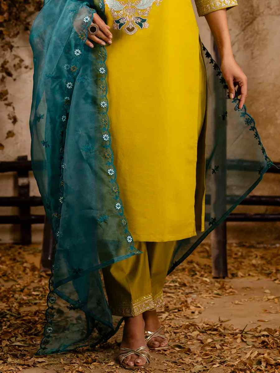 Lemon Yellow Viscose Rayon Embroidered Festival Casual Ready Pant Salwar Kameez