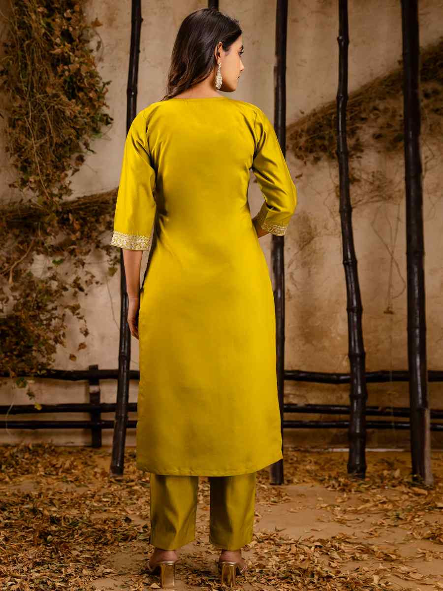 Lemon Yellow Viscose Rayon Embroidered Festival Casual Ready Pant Salwar Kameez