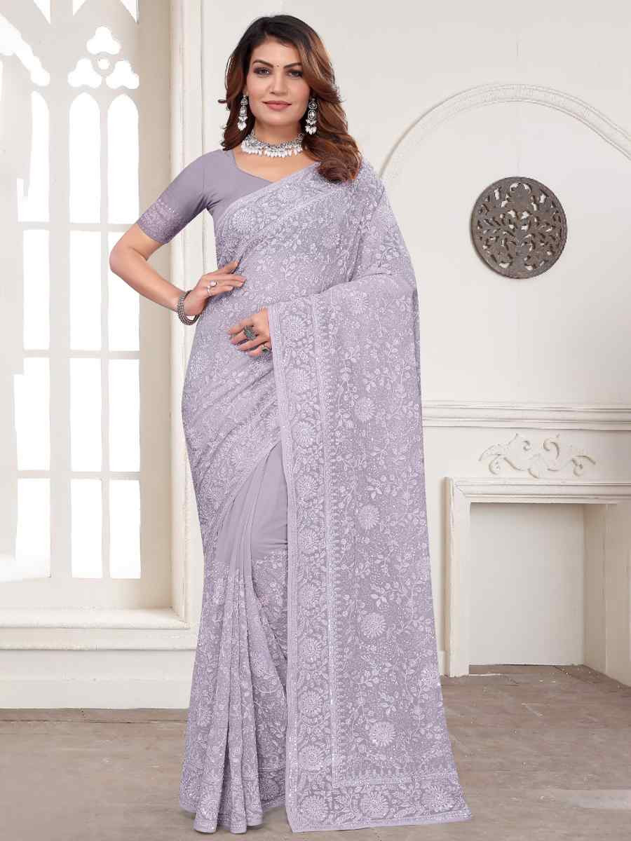 Levender Georgette Embroidered Festival Wedding Fancy Heavy Border Saree