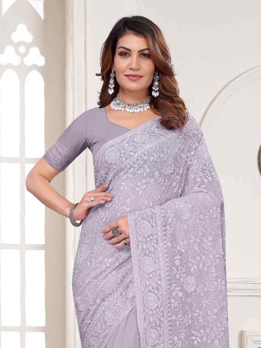 Levender Georgette Embroidered Festival Wedding Fancy Heavy Border Saree