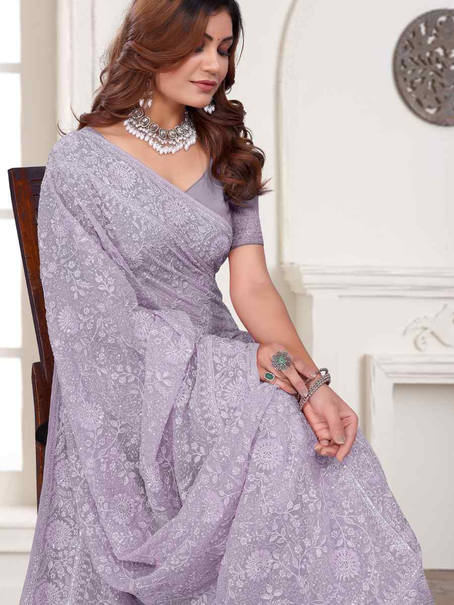 Levender Georgette Embroidered Festival Wedding Fancy Heavy Border Saree