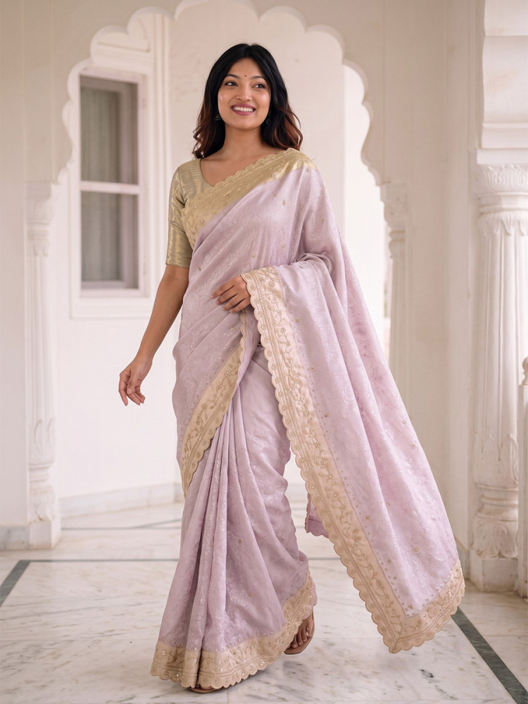 Image of Levender Pure Kanjivarm Silk Embroidery Wedding Reception Party Festival Casual Heavy Border Sarees