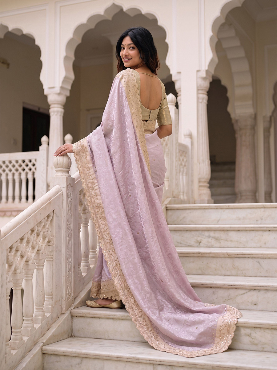 Levender Pure Kanjivarm Silk Embroidery Wedding Reception Party Festival Casual Heavy Border Sarees