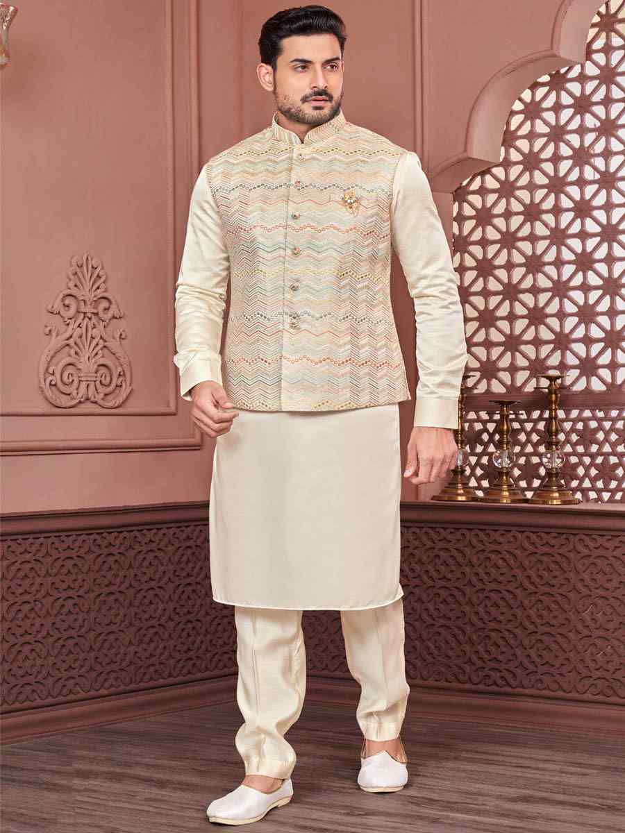 Light Beige Art Banarasi Silk Woven Festival Wedding Kurta