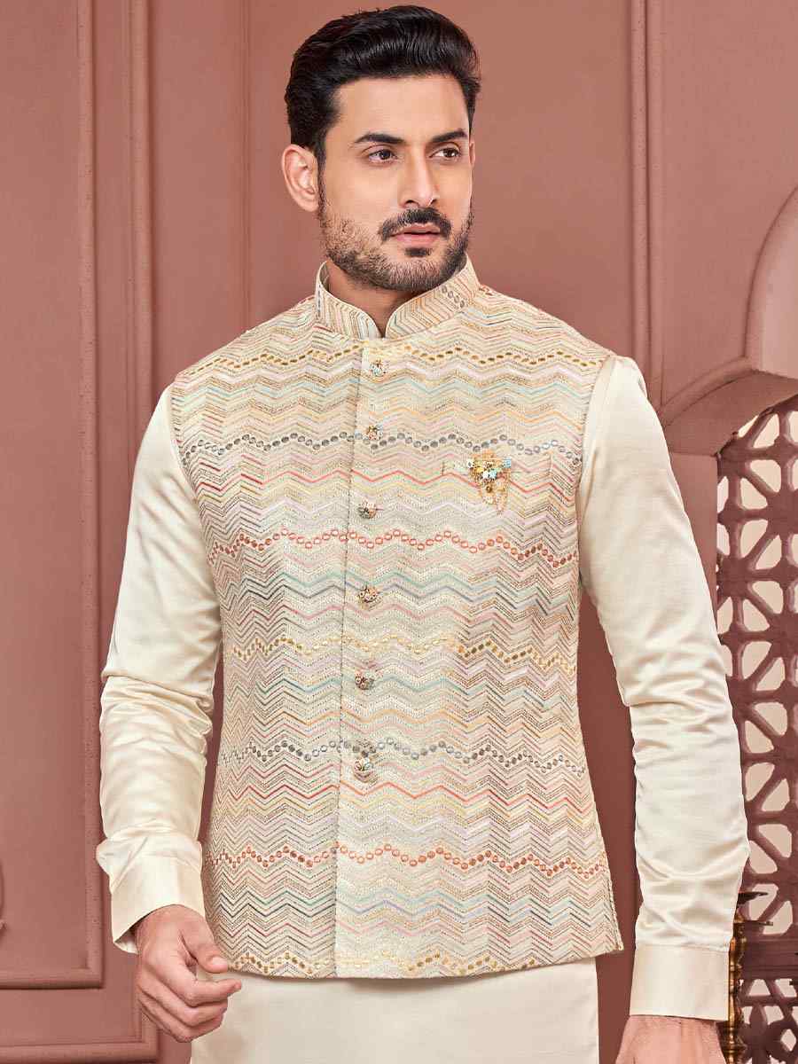 Light Beige Art Banarasi Silk Woven Festival Wedding Kurta