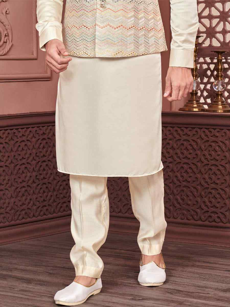 Light Beige Art Banarasi Silk Woven Festival Wedding Kurta