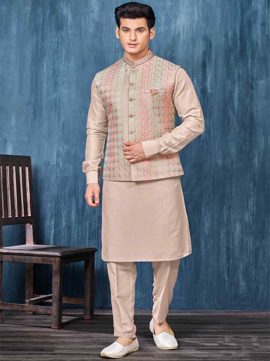 Light Beige Art Banarasi Silk Woven Festival Wedding Kurta