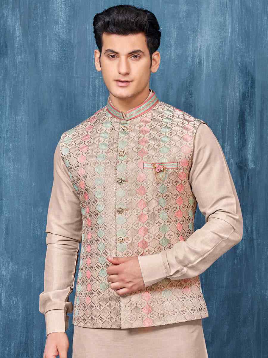 Light Beige Art Banarasi Silk Woven Festival Wedding Kurta