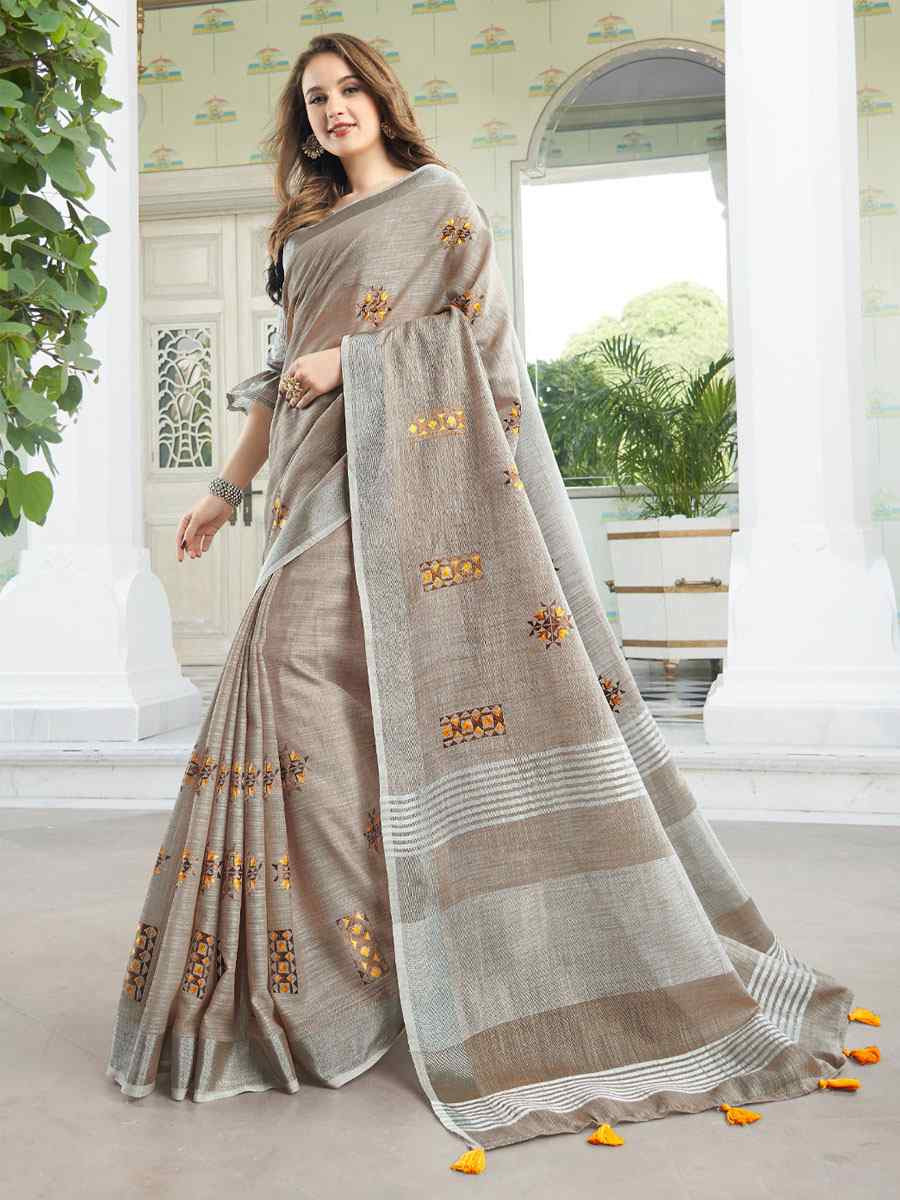Light Beige Linen Embroidery Casual Traditional Reception Festival Fancy Classic Style Sarees