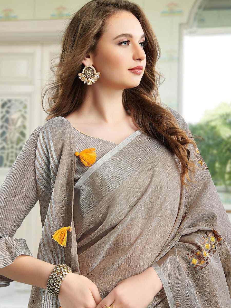 Light Beige Linen Embroidery Casual Traditional Reception Festival Fancy Classic Style Sarees