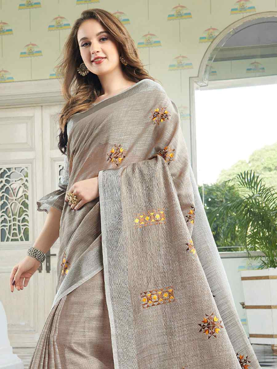 Light Beige Linen Embroidery Casual Traditional Reception Festival Fancy Classic Style Sarees