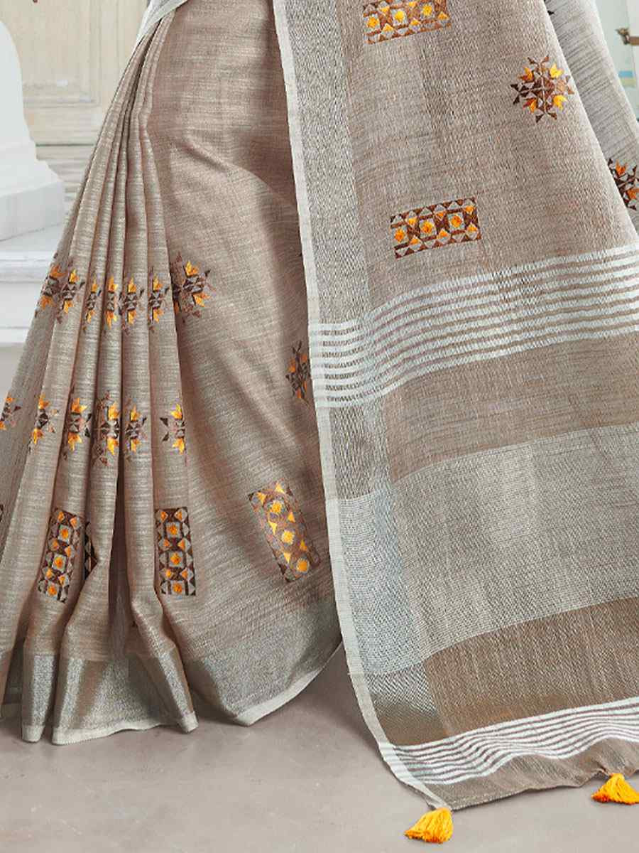 Light Beige Linen Embroidery Casual Traditional Reception Festival Fancy Classic Style Sarees