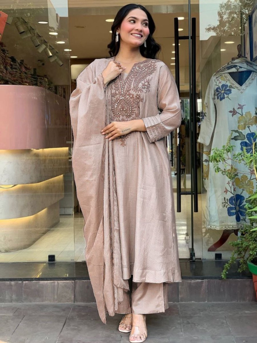 Light Beige Roman Silk Embroidery Sequins Wedding Party Festival Casual Ready Palazzo Pant Salwar Kameez