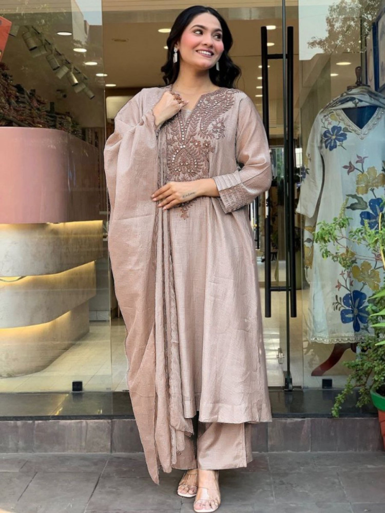Image of Light Beige Roman Silk Embroidery Sequins Wedding Party Festival Casual Ready Palazzo Pant Salwar Kameez