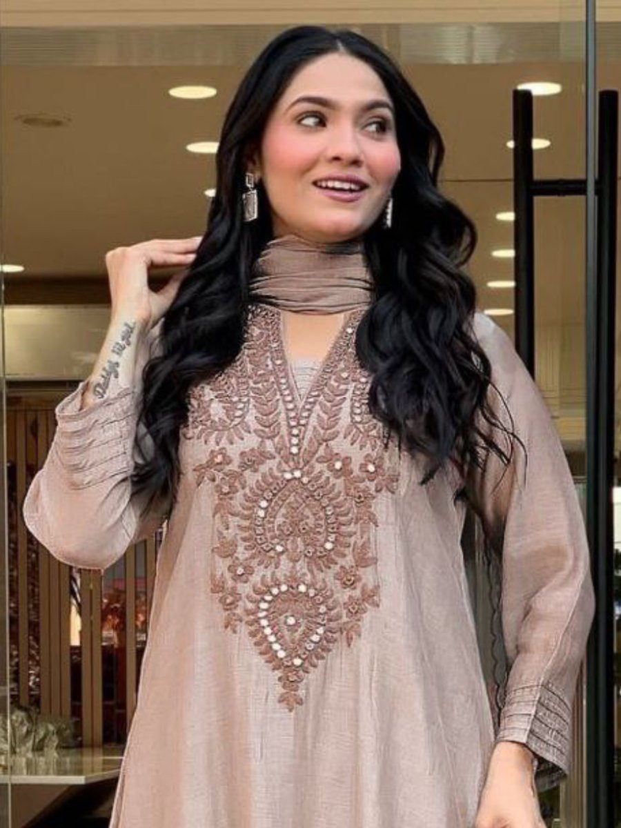 Light Beige Roman Silk Embroidery Sequins Wedding Party Festival Casual Ready Palazzo Pant Salwar Kameez